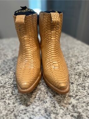 Freebird Faith Tan Embossed Snake Ankle Booties